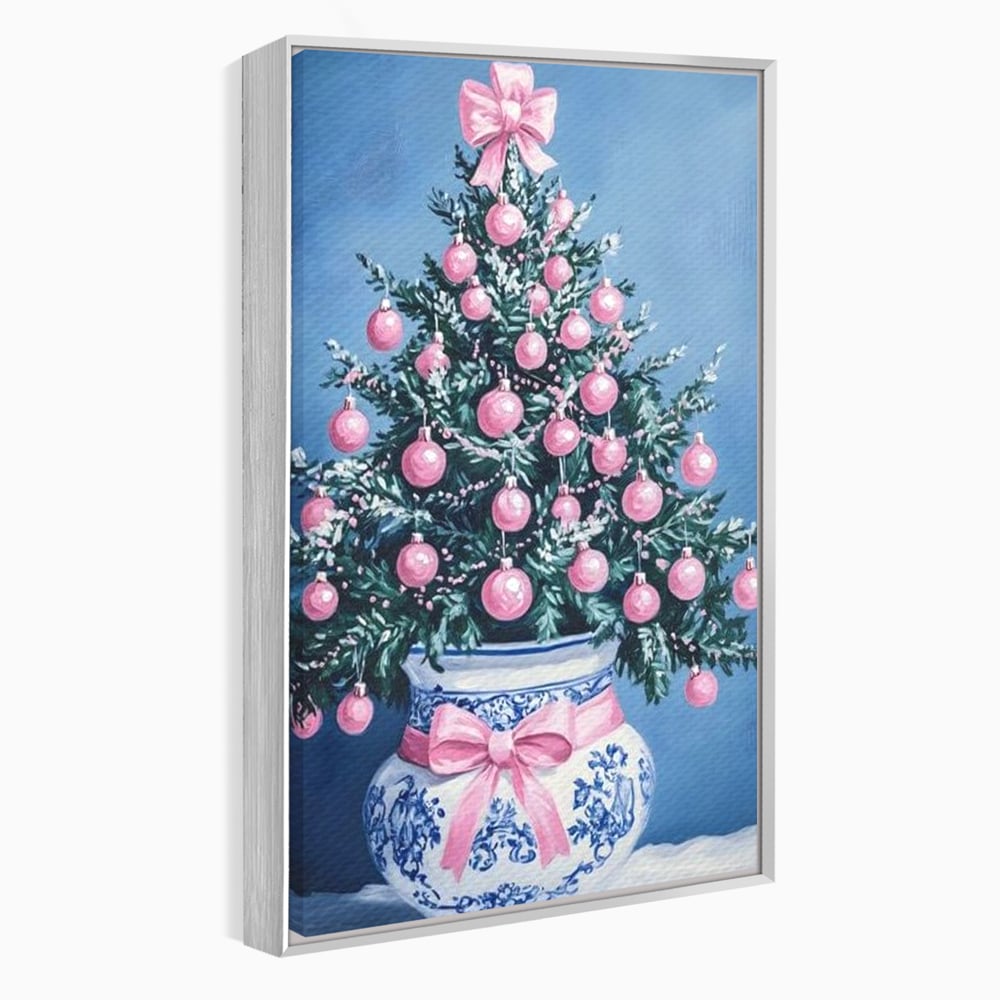 Tablou canvas cu pictura cu brad de craciun in vaza, in rama de aluminiu argintiu